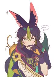 Rule 34 | 1boy, absurdres, animal ear fluff, animal ears, black hair, blush, closed mouth, flower, fox boy, fox ears, fox tail, genshin impact, gloves, green hair, hair between eyes, highres, ice s s z, korean text, looking at viewer, male focus, medal, multicolored hair, simple background, speech bubble, tail, tassel, tighnari (genshin impact), translation request, upper body, white background, yellow flower
