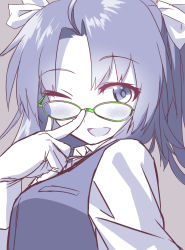 Rule 34 | 10s, 1girl, adjusting eyewear, bespectacled, blew andwhite, glasses, gloves, grey background, hair ornament, hair ribbon, kagerou (kancolle), kantai collection, long hair, looking at viewer, one eye closed, open mouth, ribbon, school uniform, simple background, smile, solo, spot color, twintails