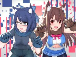 Rule 34 | 2girls, a-chan (hololive), animal ears, bad id, bad nicoseiga id, blue bow, blue eyes, blue hair, blue skirt, blush, bow, breasts, brown eyes, brown hair, glasses, hair bow, hair ornament, hairclip, hololive, iwahana, large breasts, long hair, looking at viewer, looking away, multiple girls, navel, open mouth, pantyhose, short hair, skirt, smile, tokino sora, tokino sora (old design), virtual youtuber, wolf ears