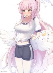 Rule 34 | 1girl, angel wings, black shorts, blue archive, blush, breasts, cowboy shot, feathered wings, haine (artist), halo, highres, large breasts, long hair, mika (blue archive), open mouth, pantyhose, pink hair, pink halo, shirt, short sleeves, shorts, simple background, solo, twitter username, white background, white pantyhose, white shirt, white wings, wings, yellow eyes