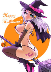 Rule 34 | 1girl, ass, bat (animal), bikini, blue eyes, breasts, broom, broom riding, capelet, hair ornament, happy halloween, hat, high heels, highres, jack-o&#039;-lantern, large breasts, light purple hair, long hair, looking at viewer, micro bikini, onsen tengoku, original, smile, solo, star (symbol), star hair ornament, swimsuit, thighhighs, witch, witch hat