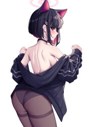 Rule 34 | 1girl, absurdres, animal ears, armpit crease, ass, back, bare shoulders, black choker, black hair, black hoodie, black pantyhose, blue archive, blush, breasts, cat ears, choker, clenched hands, closed mouth, colored inner hair, from behind, frown, hair ornament, hairclip, halo, highres, hood, hoodie, kazusa (blue archive), leaning forward, medium breasts, metaljelly, multicolored hair, no shirt, off shoulder, panties, panties under pantyhose, pantyhose, pink eyes, pink hair, profile, shoulder blades, sideboob, simple background, solo, standing, thighband pantyhose, underwear, wedgie, white background