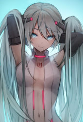 Rule 34 | 1girl, absurdres, akuto (akuto desu), aqua eyes, aqua hair, blush, breasts, breasts apart, chest tattoo, commentary, cowboy shot, detached sleeves, hands in hair, hatsune miku, hatsune miku (append), highres, light blush, long hair, looking at viewer, medium breasts, navel, smile, solo, tattoo, twintails, very long hair, vocaloid, vocaloid append