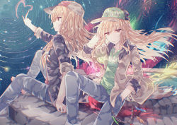 Rule 34 | 2girls, absurdres, bad id, bad pixiv id, baseball cap, beige jacket, blonde hair, camouflage, camouflage jacket, camouflage pants, casual, chain, chain necklace, commentary request, contemporary, denim, english text, grey jacket, hair between eyes, hand in pocket, hat, hidden star in four seasons, highres, jacket, jeans, jewelry, junko (touhou), kyuutame, legacy of lunatic kingdom, long hair, matara okina, multiple girls, necklace, open clothes, open jacket, pants, red eyes, shirt, sitting, sleeves rolled up, space, t-shirt, touhou, very long hair