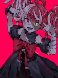 Rule 34 | 1girl, ahoge, bandaged arm, bandages, bow, colored skin, double bun, earrings, fangs, flat chest, glowing, glowing eyes, grey hair, grey skin, hair bun, heterochromia, highres, hololive, hololive indonesia, huge bow, jewelry, kureiji ollie, lobsteranian, looking at viewer, looking up, multicolored hair, multicolored skin, open mouth, patchwork skin, pink hair, pop tab, red background, red bow, red hair, solo, stitched arm, stitched face, stitched torso, stitches, symbol-shaped pupils, torn clothes, two-tone skin, virtual youtuber, white skin, yellow eyes, zombie