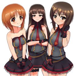 Rule 34 | 3girls, black dress, black eyes, black gloves, black hair, blunt bangs, blush, bridal garter, brown eyes, brown hair, closed mouth, collared dress, commentary, crossed arms, dress, earlobe1514366, frilled dress, frills, girls und panzer, girls und panzer senshadou daisakusen!, gloves, half-closed eyes, hand in own hair, highres, idol, long hair, looking at viewer, mother and daughter, multiple girls, necktie, nishizumi maho, nishizumi miho, nishizumi shiho, official alternate costume, own hands together, red necktie, short dress, short hair, siblings, side-by-side, simple background, sisters, sleeveless, sleeveless dress, smile, standing, straight hair, strapless, strapless dress, white background