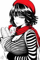 Rule 34 | 1boy, 1girl, bag, baguette, bald, beret, bread, breasts, cleavage, food, fubuki (one-punch man), greyscale, hat, highres, large breasts, looking at viewer, mime, monochrome, mostlybluewyatt, one-punch man, red headwear, red scarf, saitama (one-punch man), scarf, shirt, shopping bag, short hair, shoulder bag, spot color, striped clothes, striped shirt