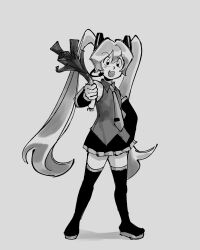 Rule 34 | 1girl, absurdres, boots, commentary, detached sleeves, food, full body, greyscale, hand on own hip, hatsune miku, headset, highres, holding, holding food, holding spring onion, holding vegetable, kyokyeo, long hair, miniskirt, monochrome, necktie, open mouth, pleated skirt, shirt, skirt, sleeveless, sleeveless shirt, smile, solo, spring onion, thigh boots, twintails, vegetable, very long hair, vocaloid