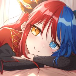 Rule 34 | 1girl, bed, bedroom, blue eyes, blue horns, blush, bright pupils, commission, commissioner upload, crossed arms, curtains, day, dragon girl, dragon horns, dress, gradient horns, head rest, heterochromia, highres, horns, inferna dragnis (xoldrek), light smile, long hair, looking at viewer, monster girl, multicolored hair, multicolored horns, non-web source, orange eyes, original, pale skin, puffy sleeves, red horns, smile, solo, split-color hair, sunlight, symbol-shaped pupils, two-tone hair, usagi1923, white pupils