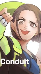 Rule 34 | 1girl, animification, apex legends, black gloves, blue shirt, brown hair, character name, conduit (apex legends), eb1hara, electricity, fingerless gloves, freckles, gloves, hair behind ear, highres, open mouth, portrait, shirt, short hair, simple background, smile, solo, twitter username, v-shaped eyebrows, white background