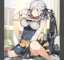 Rule 34 | 1girl, barefoot, bed, bedroom, bracelet, breasts, chips (food), controller, curtains, dual-mode shotgun, food, fuu fuu, girls&#039; frontline, grey hair, gun, hair ribbon, highres, jewelry, large breasts, looking at viewer, potato chips, pump-action shotgun, pump action, red eyes, remote control, ribbon, semi-automatic firearm, semi-automatic shotgun, shotgun, skirt, sleeveless, solo, spas-12, spas-12 (girls&#039; frontline), translation request, weapon