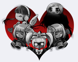 Rule 34 | 5girls, :d, bad id, bad pixiv id, black shirt, blunt bangs, bow, closed eyes, closed mouth, coco (mahou shoujo of the end), commentary request, grey hair, hair bow, hair ornament, hana-chan (mahou shoujo of the end), headphones, heart, heart hair ornament, holding stsaff, kronos m (mahou shoujo of the end), lolo (mahou shoujo of the end), looking at viewer, mahou shoujo of the end, multiple girls, open mouth, rib (mahou shoujo of the end), shirt, short hair, sleeves past fingers, sleeves past wrists, smile, striped, suzuka (rekkyo), white background, wings