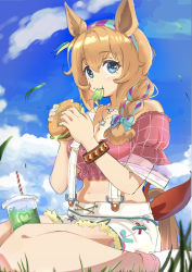 Rule 34 | 1girl, animal ears, bad id, bad pixiv id, bare legs, bare shoulders, blue eyes, blue sky, braid, breasts, burger, cleavage, cloud, commentary request, crop top, cup, day, disposable cup, eating, food, hairband, highres, holding, holding food, horse ears, long hair, looking at viewer, midriff, navel, nishiya (cofffeeenomitai), off-shoulder shirt, off shoulder, orange hair, pink shirt, puffy short sleeves, puffy sleeves, shirt, short shorts, short sleeves, shorts, single braid, sitting, sky, solo, stomach, suspenders, taiki shuttle (bubblegum memories) (umamusume), taiki shuttle (umamusume), thighs, umamusume, wariza, white shorts