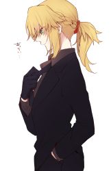 Rule 34 | 1girl, artoria pendragon (all), artoria pendragon (fate), black gloves, black necktie, blonde hair, braid, dress shirt, fate/zero, fate (series), formal, gloves, green eyes, grey shirt, hair ornament, hair scrunchie, hand in pocket, kan&#039;yu (citron 82), long hair, looking down, mordred (fate), mordred (fate/apocrypha), necktie, ponytail, saber (fate), scrunchie, shirt, sidelocks, simple background, solo, suit, white background