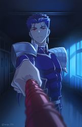 Rule 34 | 1boy, armor, blue bodysuit, blue hair, bodysuit, closed mouth, cu chulainn (fate), cu chulainn (fate/stay night), dark, earrings, fate/stay night, fate (series), gae bolg (fate), highres, holding, holding polearm, holding weapon, jewelry, long hair, looking at viewer, male focus, muscular, muscular male, night, nora (nora f96), polearm, ponytail, red eyes, school hall, short hair, shoulder armor, skin tight, solo, solo focus, spiked hair, twitter username, weapon