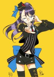 Rule 34 | 1girl, ;), back bow, belt, belt buckle, black belt, black hat, black jacket, black necktie, black shirt, black shorts, black thighhighs, blue bow, bow, buckle, contrapposto, cowboy shot, dress shirt, floating hair, glasses, hat, head tilt, headset, heartcatch precure!, high ponytail, index (toaru majutsu no index), index finger raised, jacket, long hair, long sleeves, looking at viewer, microphone, midriff, mini hat, navel, necktie, one eye closed, open clothes, open jacket, outstretched arm, precure, purple eyes, purple hair, rimless eyewear, shirt, short shorts, shorts, simple background, smile, solo, stomach, striped clothes, striped shirt, sweatdrop, thighhighs, tomo5656ky, tsukikage yuri, vertical-striped clothes, vertical-striped shirt, very long hair, yellow background, zettai ryouiki