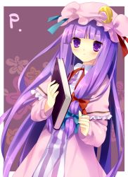 Rule 34 | 1girl, book, female focus, hat, long hair, patchouli knowledge, purple eyes, purple hair, ribbon, solo, standing, tokira nozumi, touhou
