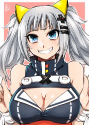 Rule 34 | 1girl, bare shoulders, blue eyes, blue pupils, blunt bangs, breasts, cleavage, cleavage cutout, clothing cutout, colored eyelashes, dress, grin, hair ornament, hairclip, hands up, head tilt, highres, kaguya luna, large breasts, looking at viewer, pink background, pink lips, saliva, sash, shiny clothes, shiny skin, silver hair, sleeveless, smile, solo, tajima yuuki, teeth, the moon studio, turtleneck, twintails, upper body, virtual youtuber