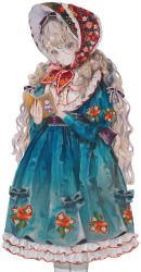 Rule 34 | 1girl, blue bow, blue dress, blue eyes, bonnet, book, bow, dress, feet out of frame, floral print, flower, frilled dress, frilled ribbon, frills, glasses, highres, holding, holding book, juliet sleeves, light brown hair, long hair, long sleeves, looking at viewer, nail polish, orange flower, orange nails, original, pink flower, puffy sleeves, purple ribbon, red flower, ribbon, simple background, solo, white background, white flower, yogisya