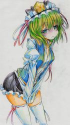 Rule 34 | 1girl, absurdres, bad id, bad pixiv id, bow, colored pencil (medium), covering privates, covering crotch, green eyes, green hair, hat, have to pee, highres, matching hair/eyes, nichibotsu (kitaziman), ribbon, shiki eiki, shirt, short hair, skirt, solo, tears, thighhighs, touhou, traditional media, v arms, white thighhighs