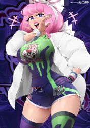 Rule 34 | 1girl, breasts, coat, creatures (company), female focus, flytrapxx, fur coat, game freak, hand on own hip, highres, klara (pokemon), large breasts, laughing, looking at viewer, nintendo, pink hair, pokemon, pokemon swsh, solo, standing, thick thighs, thighhighs, thighs, wide hips