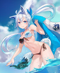 1girl absurdres ahoge animal_ear_fluff animal_ears arpeggio_kaga bikini blue_eyes blush braid breasts chromatic_aberration day fox_ears fox_girl fox_tail hair_between_eyes highres holding holding_unworn_clothes holding_jacket holding_unworn_clothes hololive jacket long_hair looking_at_viewer medium_breasts outdoors pentagram ponytail shirakami_fubuki side-tie_bikini_bottom side_braid smile solo swimsuit tail unworn_jacket virtual_youtuber wading white_hair