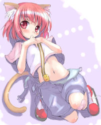 Rule 34 | 1girl, animal ears, bandaid, bandaid on knee, bandaid on leg, biting, borrowed character, cat ears, cat tail, finger biting, full body, hisakawa chin, looking at viewer, lying, midriff, on back, original, overall shorts, overalls, red eyes, red hair, shoes, short hair, short sleeves, sneakers, solo, tail, thumb sucking