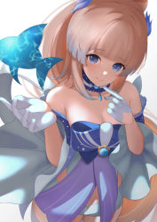 Rule 34 | 1girl, bad id, bad pixiv id, bare shoulders, blonde hair, blue hair, blue horns, blunt bangs, breasts, cleavage, closed mouth, detached collar, fish, frilled sleeves, frills, genshin impact, gloves, gradient hair, half gloves, head tilt, horns, large breasts, long hair, looking at viewer, multicolored hair, off-shoulder shirt, off shoulder, pink hair, pointing, pointing at self, sangonomiya kokomi, shirt, short shorts, shorts, simple background, smile, solo, tokutokenzen, very long hair, white background, wide sleeves