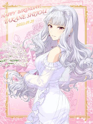 Rule 34 | 1girl, absurdres, blunt bangs, blush, bouquet, breasts, clothing cutout, dated, dress, eating, floral background, flower, frilled dress, frills, grey hair, hair intakes, happy birthday, highres, holding, holding bouquet, idolmaster, idolmaster (classic), idolmaster million live!, large breasts, looking at viewer, looking back, see-through, see-through sleeves, shijou takane, shiro (ongrokm), shoulder cutout, smile, solo, twitter username, white dress