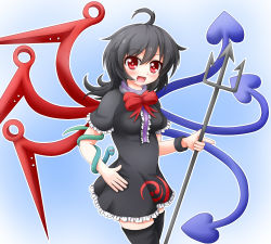 Rule 34 | 1girl, asymmetrical wings, bad id, bad pixiv id, black hair, black thighhighs, blue background, breasts, dress, houjuu nue, open mouth, polearm, red eyes, short hair, sills, smile, snake, thighhighs, touhou, trident, weapon, wings, zettai ryouiki