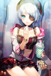 Rule 34 | 1girl, arm up, armchair, bare shoulders, blue eyes, bracelet, bustier, cat, chair, cherrypin, choker, collarbone, cup, drink, drinking straw, eyepatch, food, frilled skirt, frills, grey hair, hat, holding, iri flina, jacket, jewelry, layered skirt, lowres, midriff, movie theater, open mouth, plaid, popcorn, ribbon, sitting, skirt, skull and crossbones, sleeves rolled up, solo, striped, sword girls, theater
