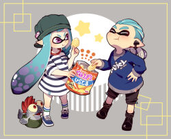 Rule 34 | 1boy, 1girl, backwards hat, bag, black footwear, blue footwear, blue hair, boots, chips (food), closed mouth, commentary request, cross-laced footwear, eating, food, full body, gradient hair, green hat, grey background, hat, holding, holding bag, inkling, inkling boy, inkling girl, inkling player character, inset border, long hair, medium hair, multicolored hair, nintendo, pointy ears, potato chips, potsupo, purple eyes, purple hair, shoes, smallfry (splatoon), socks, splatoon (series), splatoon 3, standing, star (symbol), tentacle hair, thick eyebrows, two-tone hair, white socks