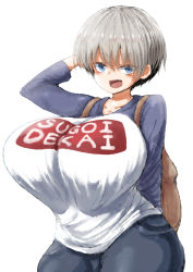 Rule 34 | 1girl, 2b-ge, arm behind head, arm up, bag, blue eyes, blush, bookbag, breasts, commentary request, denim, fang, grey hair, highres, huge breasts, jeans, looking at viewer, pants, raglan sleeves, short hair, simple background, smile, solo, sugoi dekai, thick thighs, thighs, uzaki-chan wa asobitai!, uzaki hana, white background, wide hips