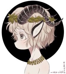 Rule 34 | animal ears, artist name, black background, brown eyes, colored eyelashes, commentary request, furry, furry male, goat boy, goat ears, goat horns, horizontal pupils, horns, jewelry, laurel crown, leaf necklace, light brown hair, looking to the side, necklace, original, portrait, sasamichr, short hair, solo