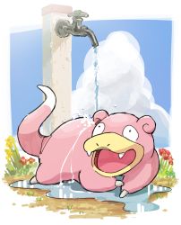 Rule 34 | absurdres, animal focus, black eyes, blue sky, claws, cloud, creatures (company), day, faucet, flower, game freak, gen 1 pokemon, highres, lying, nendo23, nintendo, no humans, on stomach, open mouth, outdoors, pokemon, pokemon (creature), puddle, sky, slowpoke, solo, tail, water, wet