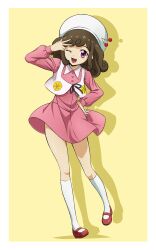 Rule 34 | 1girl, absurdres, atachi manya, brown hair, cherry hat ornament, collared dress, dress, hand on own hip, hat, highres, hiroki (vvkagerouvvr2), kneehighs, long hair, looking at viewer, mary janes, one eye closed, open mouth, pink dress, purple eyes, shoes, short dress, smile, socks, white headwear, white socks, yu-gi-oh!, yu-gi-oh! go rush!!
