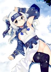 Rule 34 | 10s, 1girl, absurdres, ainu clothes, bandana, black thighhighs, blue eyes, folded ponytail, headband, highres, kamoi (kancolle), kantai collection, kyuusetsu, long hair, looking at viewer, lying, no panties, smile, snow, solo, thighhighs, white hair, wrist guards