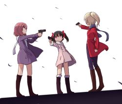 Rule 34 | 10s, 3girls, ayase eli, bibi (love live!), blonde hair, blue scarf, boots, bow, brown footwear, coat, expressionless, fur trim, gun, hair bow, handgun, knee boots, long hair, looking at another, love live!, love live! school idol project, mexican standoff, multiple girls, nishikino maki, pants, pink coat, ponytail, scarf, scrunchie, shipii (jigglypuff), standing, twintails, weapon, white scarf, winter clothes, winter coat, yazawa nico