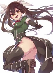 Rule 34 | 10s, 1girl, :d, ass, bad id, bad pixiv id, black footwear, black gloves, black thighhighs, boots, brown eyes, brown hair, elbow gloves, from behind, gloves, hair between eyes, kantai collection, leg up, looking back, no panties, open mouth, pelvic curtain, pointing, pokoten (pokoten718), smile, solo, standing, thighhighs, tone (kancolle), tone kai ni (kancolle), twintails