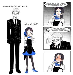 Rule 34 | 1boy, 1girl, :d, age difference, ascot, bad id, bad twitter id, black dress, black pantyhose, blouse, blue ascot, blue bow, blue dress, blue eyes, blue footwear, blush, bow, brown hair, butler, buttons, character name, closed mouth, commentary, dot nose, double-breasted, dress, embarrassed, english commentary, english text, fang, full-face blush, hair bow, halftone, hand on own hip, hand up, height difference, high heels, highres, jacket, kiss, kissing hand, lolibaba, long sleeves, looking at viewer, open mouth, original, pantyhose, scar, shirt, skin fang, slit pupils, smile, spot color, standing, tsu (lovesick1964), white shirt, wide-eyed, yellow eyes