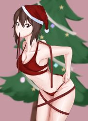 Rule 34 | 1girl, bikini, bikini pull, bluff260, blurry, blurry background, breasts, brown eyes, brown hair, christmas, christmas tree, cleavage, closed mouth, clothes pull, commentary, cowboy shot, girls und panzer, hat, highres, leaning forward, looking at viewer, medium breasts, medium hair, mouth hold, navel, nishizumi maho, o-ring, o-ring bikini, pulled by self, red bikini, red hat, red ribbon, ribbon, ribbon in mouth, santa bikini, santa hat, short hair, solo, standing, swimsuit