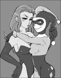Rule 34 | 2girls, animification, bad id, bad pixiv id, batman (series), blush, bodysuit, breasts, cleavage, couple, dc comics, domino mask, elbow gloves, gloves, greyscale, harley quinn, hat, jester, leotard, long hair, mask, medium breasts, monochrome, multiple girls, picoheads, poison ivy, yuri