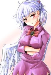 Rule 34 | 1girl, blush, braid, breast hold, breasts, crossed arms, dress, feathered wings, french braid, head tilt, highres, kishin sagume, looking at viewer, medium breasts, oshiaki, purple dress, red eyes, short hair, silver hair, single wing, solo, sweatdrop, touhou, white background, white wings, wings