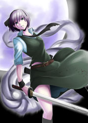 Rule 34 | 1girl, absurdres, bad id, bad pixiv id, belt, black necktie, blood, blood on clothes, green eyes, green skirt, highres, hirose geronimo, holding, holding sword, holding weapon, konpaku youmu, looking at viewer, moon, necktie, short hair, silver hair, skirt, solo, sword, torn clothes, touhou, weapon