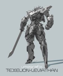 Rule 34 | artist name, character name, clenched hand, highres, holding, holding sword, holding weapon, looking up, mecha, monochrome, no humans, original, robot, solo, sword, umeno ryuuji, visor, weapon