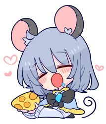 Rule 34 | 1girl, animal ears, blush, capelet, cheese, closed eyes, drooling, food, grey hair, heart, highres, long sleeves, mouse (animal), mouse ears, mouse girl, nazrin, open mouth, red eyes, short hair, simple background, solo, touhou, white background, white sleeves