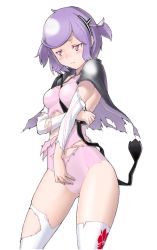 Rule 34 | 1girl, arm warmers, between breasts, breasts, caladrius, cape, cecilia nel albright, leotard, official art, pink eyes, pink leotard, purple hair, short hair, simple background, skin tight, small breasts, solo, strap between breasts, thighhighs, thighs, torn cape, torn clothes, torn leotard, torn thighhighs, yasuda suzuhito