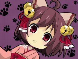 Rule 34 | 1girl, :3, ahoge, animal ears, bell, black outline, blush, bow, brown hair, cat ears, cat girl, choker, closed mouth, commentary request, dutch angle, flat chest, frilled choker, frills, hair bell, hair ornament, hair ribbon, ichihime, japanese clothes, jingle bell, kimono, long sleeves, looking at viewer, mahjong soul, matsudora124, medium bangs, obi, outline, paw print, paw print background, pink kimono, purple background, red bow, red choker, red eyes, red ribbon, red sash, ribbon, sash, short hair, smile, solo, upper body, waist bow