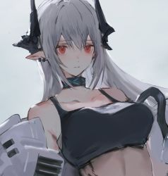 Rule 34 | 1girl, arknights, bare shoulders, breasts, collar, collarbone, earrings, grey hair, highres, horns, infection monitor (arknights), jewelry, large breasts, long hair, looking at viewer, material growth, mudrock (arknights), mudrock (elite ii) (arknights), oripathy lesion (arknights), parted lips, pointy ears, red eyes, simple background, solo, sports bra, upper body, uyuu (hirameki), very long hair, white background