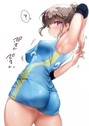 Rule 34 | 1girl, absurdres, arms behind head, ass, blush, breasts, brown hair, from behind, gym shorts, highres, medium breasts, no bra, purple eyes, sak1023, shorts, solo, sportswear, thick thighs, thighs, volleyball uniform